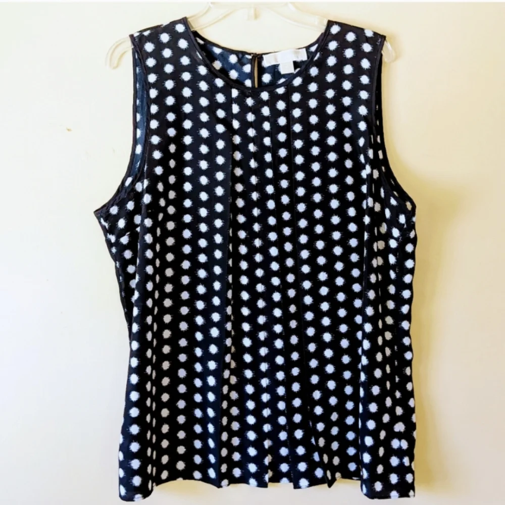Michael Kors Blouse Shell Navy Blue White Polk-a-dot Tank Pleated Sleeve…